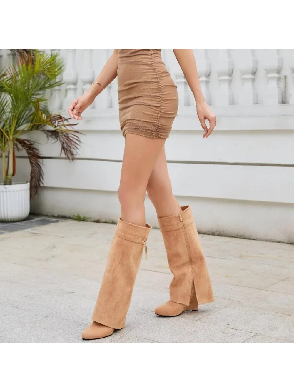 Women's Beige Suede Pointed Toe Wedge Heel Side Zipper Knee High Shark Boots